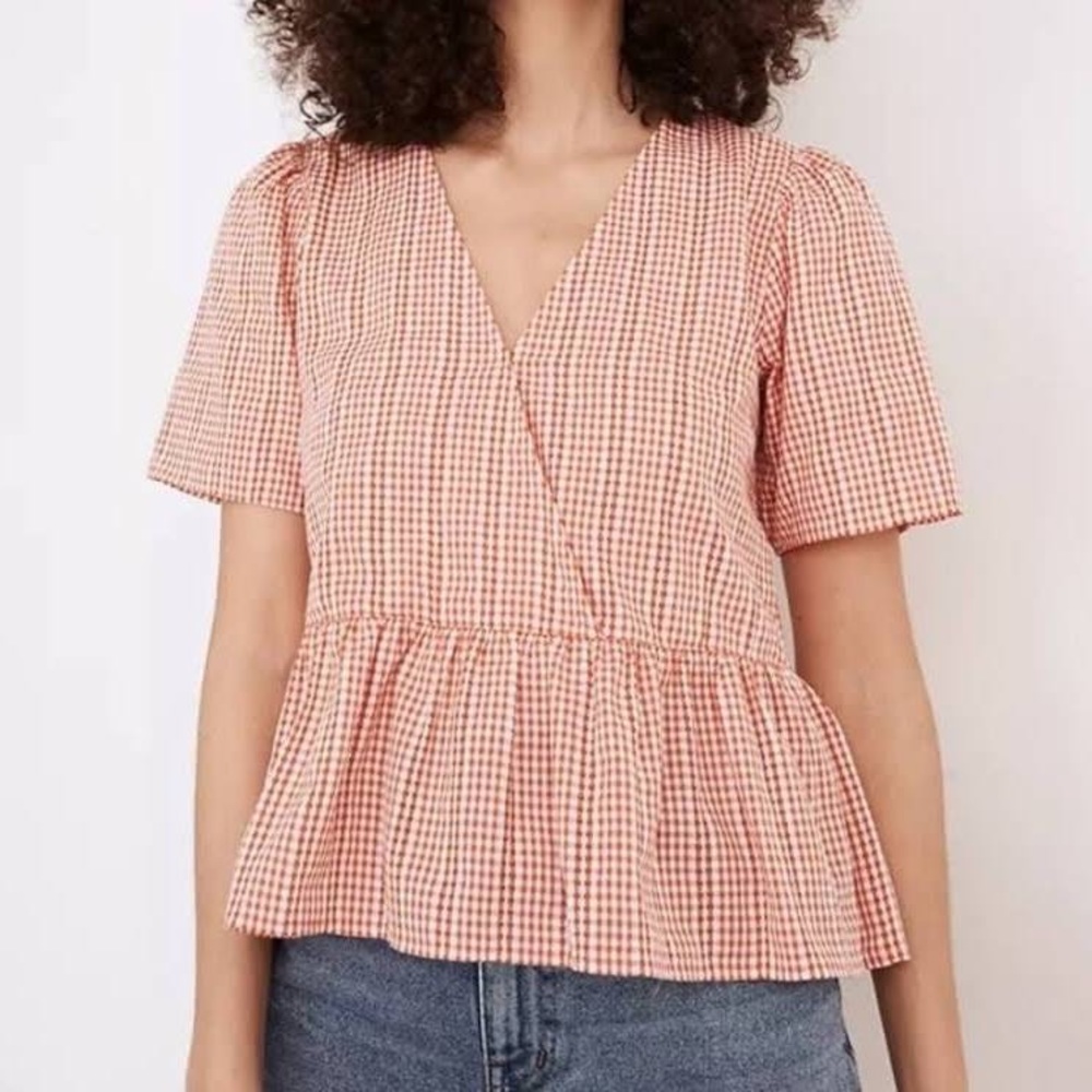 Madewell Red & White Gingham Peplum Blouse Size Large